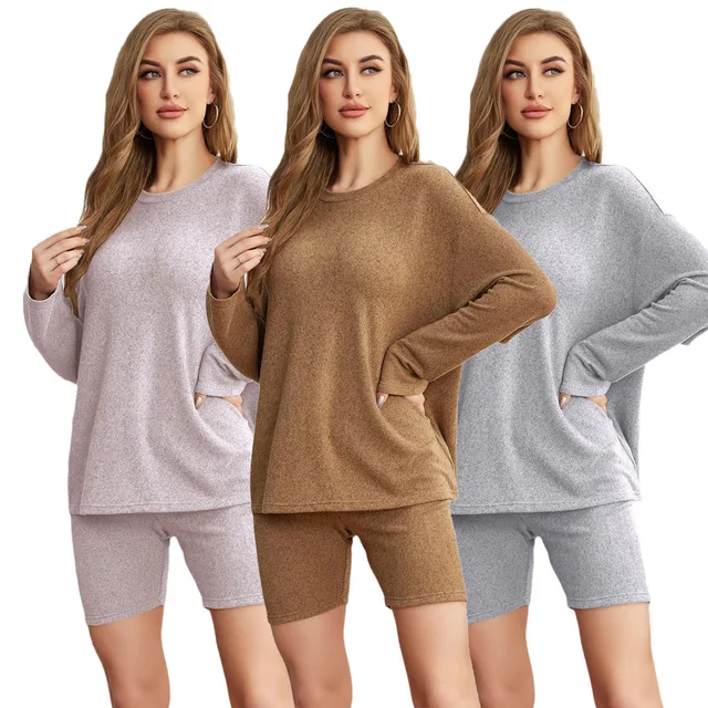 Ready To Ship Winter Ladies Solid Color Long Sleeve Short Set Outfit Cozy 2 Piece Pajama Pjs Pyjamas Loungewear Set For Women