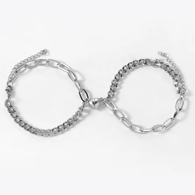 2pcs/set heart charm magnet attracts Couple Bracelet stainless steel Cuba  chain NK chain bracelets Jewelry gift for women men