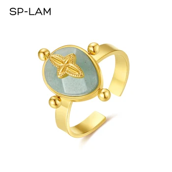 SP-LAM Green Natural Stone Promise Engagement Woman Adjustable Stainless Steel Jewelry European Crystal Jade Ring