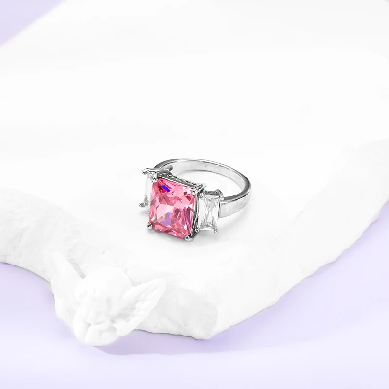 Keiyue Custom Jewelry Fashion Single Big Pink Square Stone Ring 925 Silver  Wedding Ring for Women