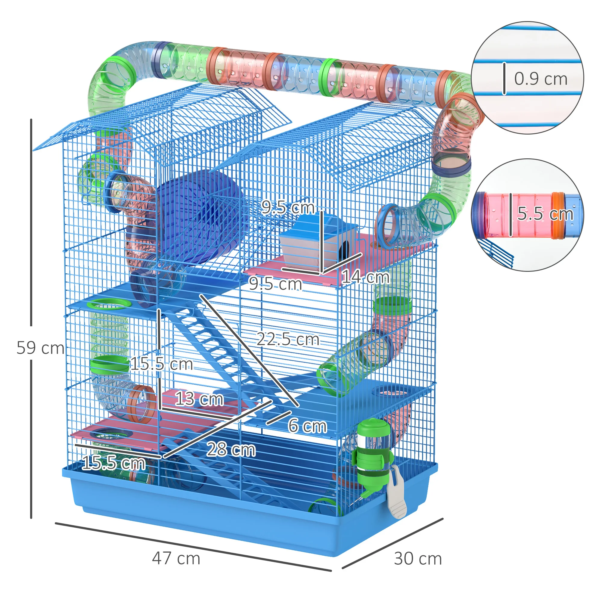 PawHut 5-Storey Hamster and Rodent Cage with Colourful Tubes, Wheel, House and Accessories Included, Blue, 47x30x59cm