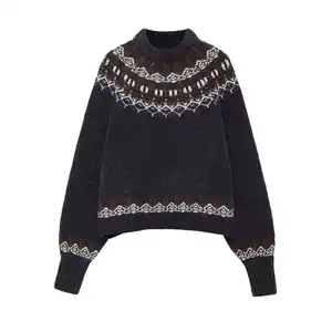 Cross-border European American Foreign Trade Women's Clothing Explosions Autumn Simple All-match Carbon Black Jacquard Sweater
