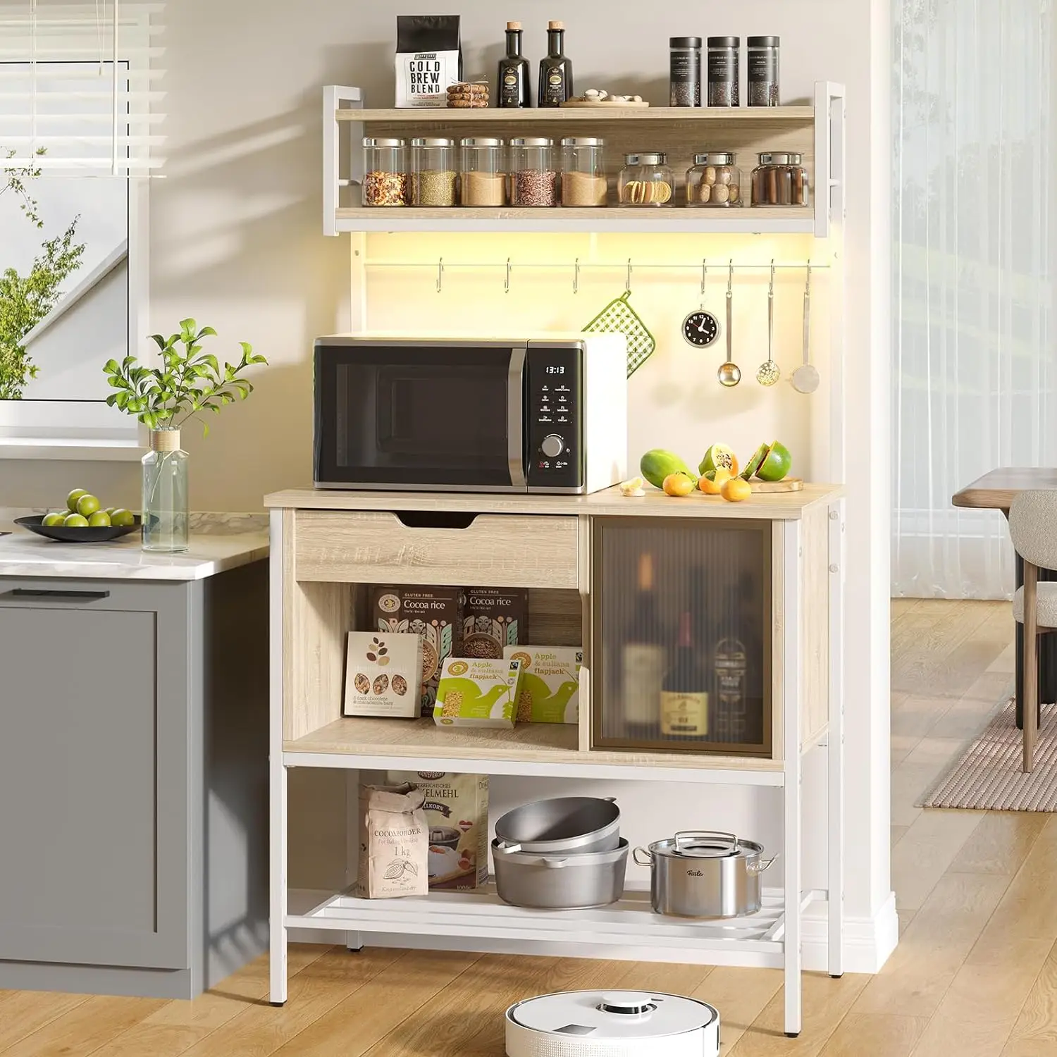 Scaffale Da Cucina A 6 Livelli Regolabile Con Presa Di Corrente – In Metallo Nero, 95x39,9x130 Cm, Porta Microonde E Frigorifero