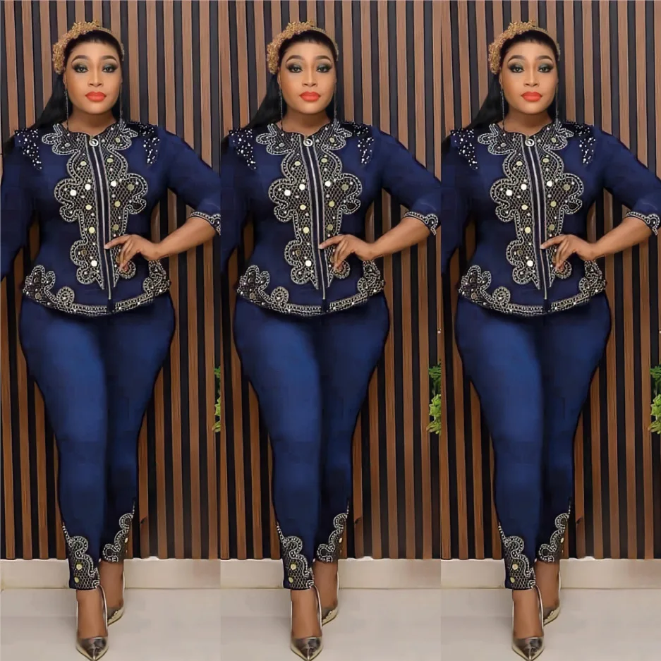 2023 African Plus Size Beaded Denim Sets Women's Jeans Coat And Pants ...