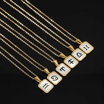 Stainless Steel Hypoallergenic New Fashion Personality Square Shell Pendant Women's 12 Zodiac Necklace