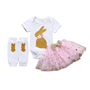 Fashion Cute Pretty Bunny Print Romper pink Golden Bow Gauze Skirt Body Set Easter Newborn Baby Clothes With Socks