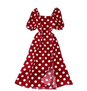 Women's Summer Casual Midi Dresses Square Neck Short Sleeve High Waist Long Split Polka Dot Pattern Breathable Woven Digital