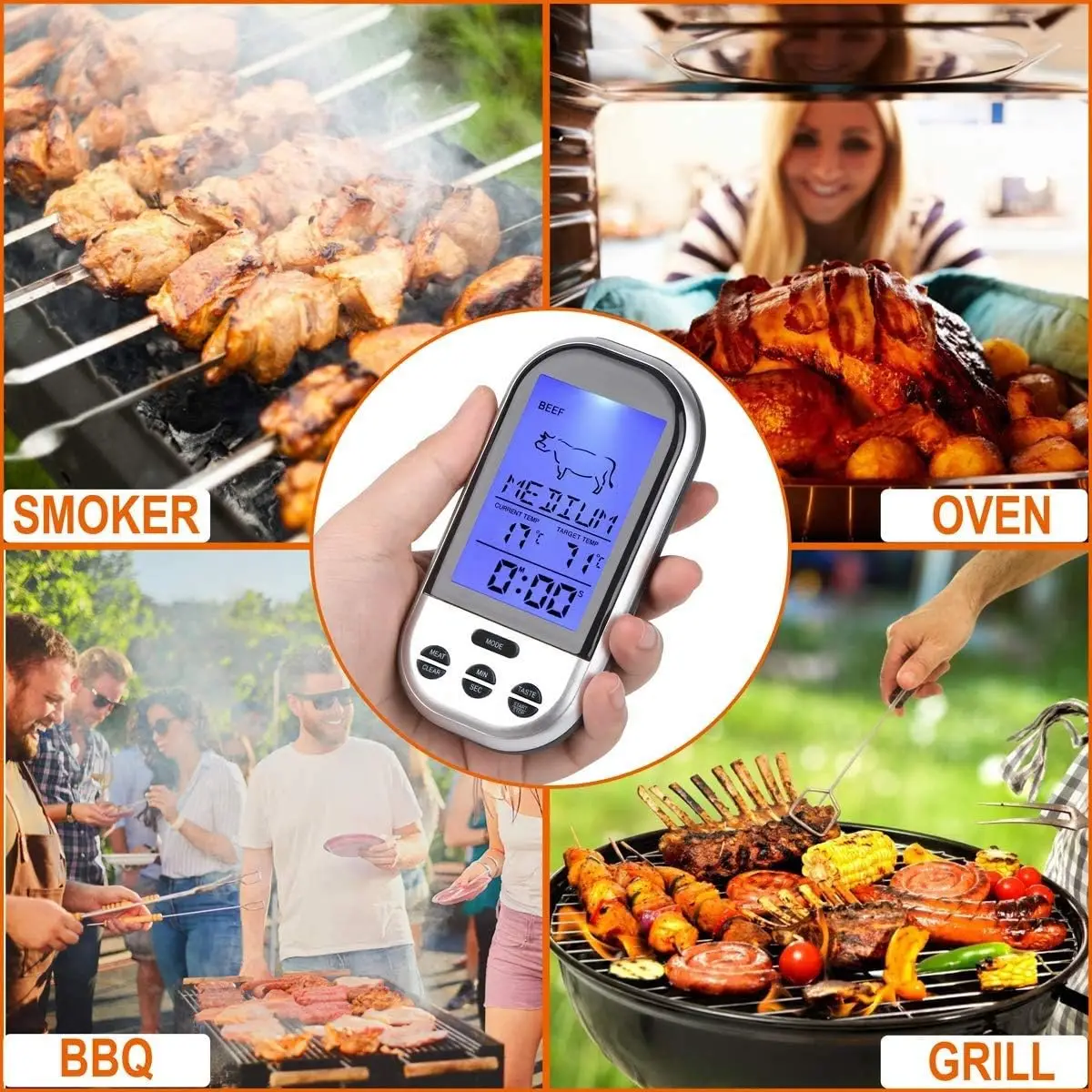 RF Wireless Remote Digital Cooking Kitchen Meat Thermometer with Food Temperature Probe for Milk Coffee Smoker BBQ Grilling