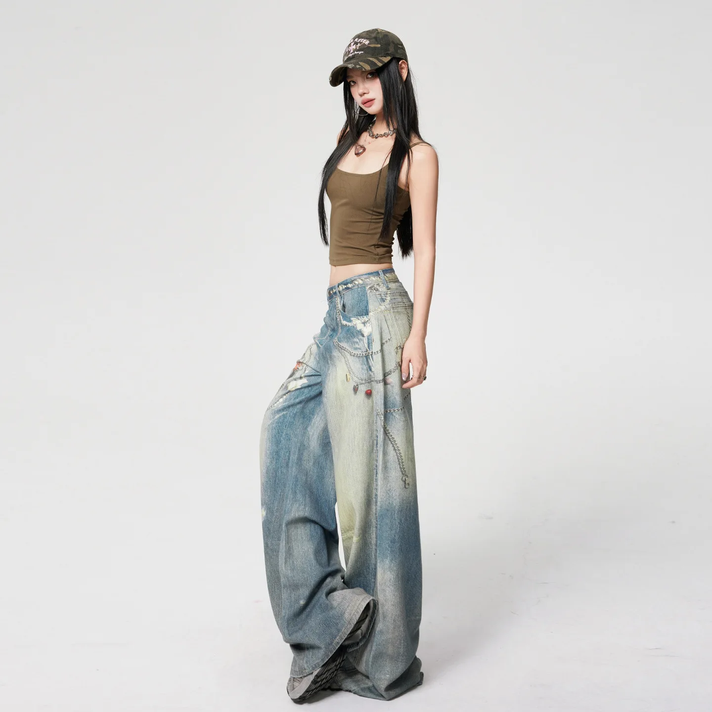 Vintage High-Waisted Distressed Chain Print Denim Wide-Leg Jeans Women Spring Autumn Loose Slimming Floor-Length Quick Dry