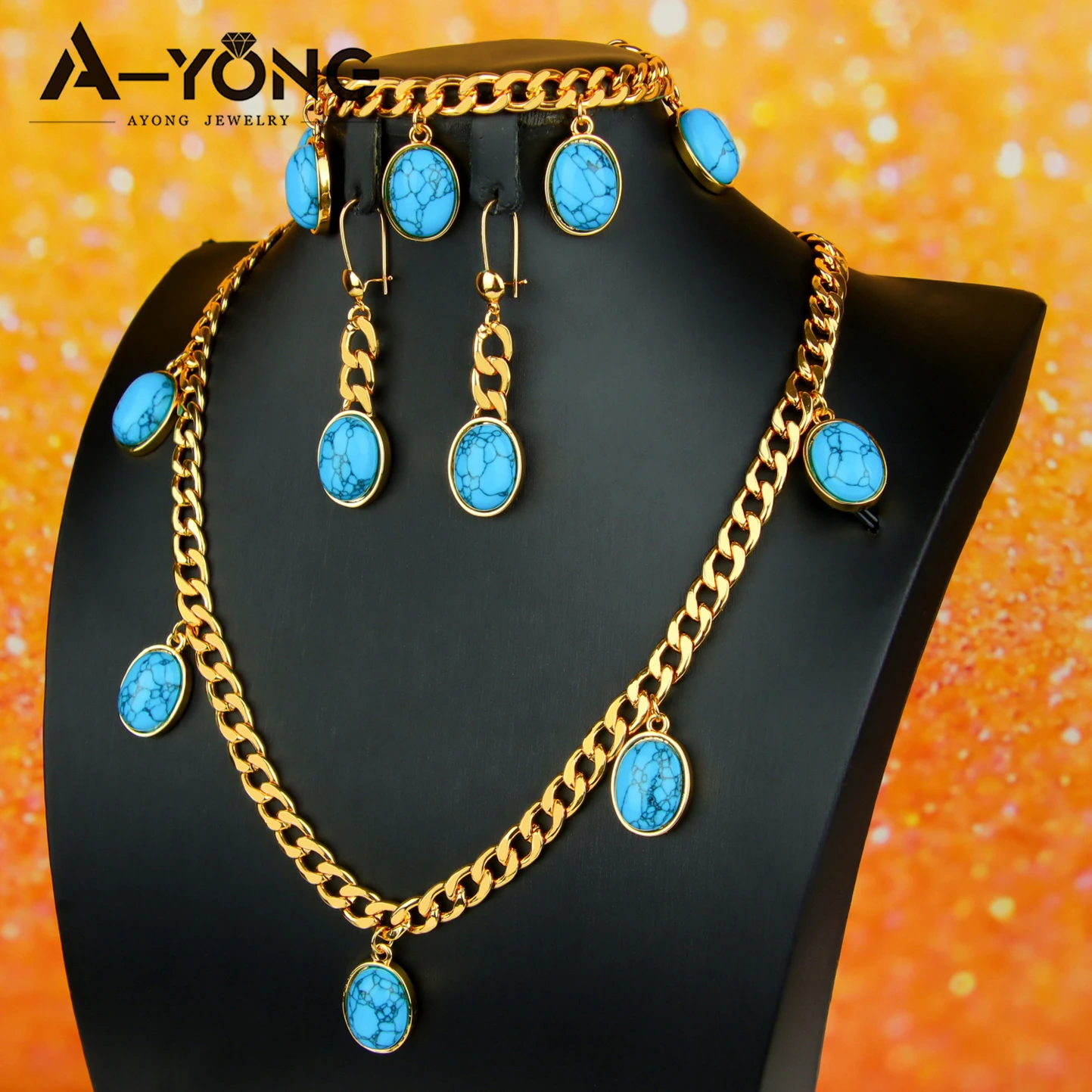 Fashion Style Charm Jewelry Set Blue 18k Gold Plated Jewelry Sets With Turquoise Stones