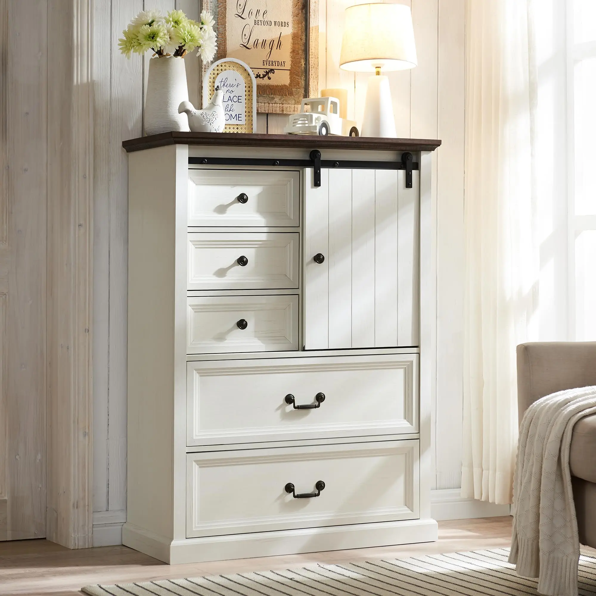 Farmhouse Tall Slim Black 5-Drawers Wooden Sliding Barndoor Cabinet Chest Dresser Organizer for Living Room & Bedroom