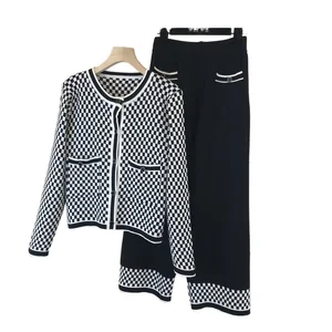 Women's Plus Size Casual Knitwear Two Piece Set Long Sleeve Cardigan Top Button Wide Leg High Waist Pants Office Suits Winter