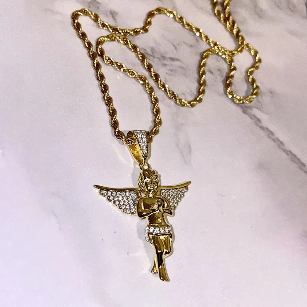 High Quality Gold Hiphop Iced Out Bling Angle Silver 925 necklace Mens Pendant Angel Wing Necklace For Gift