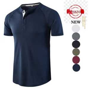 European American Men's Classic Henry Solid Short-Sleeved Raglan Basic T-Shirt Woven Printed for Casual Outdoor Activities