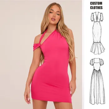 Custom 2024 solid color sleeveless neck hanging sexy backless dress Mini Dress bodycon summer chiffon dresses for women