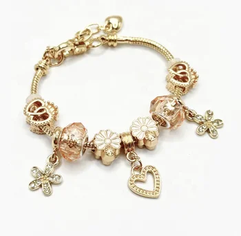 Wholesale Gold Plated Heart Flower Charm Bangles Large Hole Beads Crown Heart Pendant Adjustable DIY Bracelet for Women