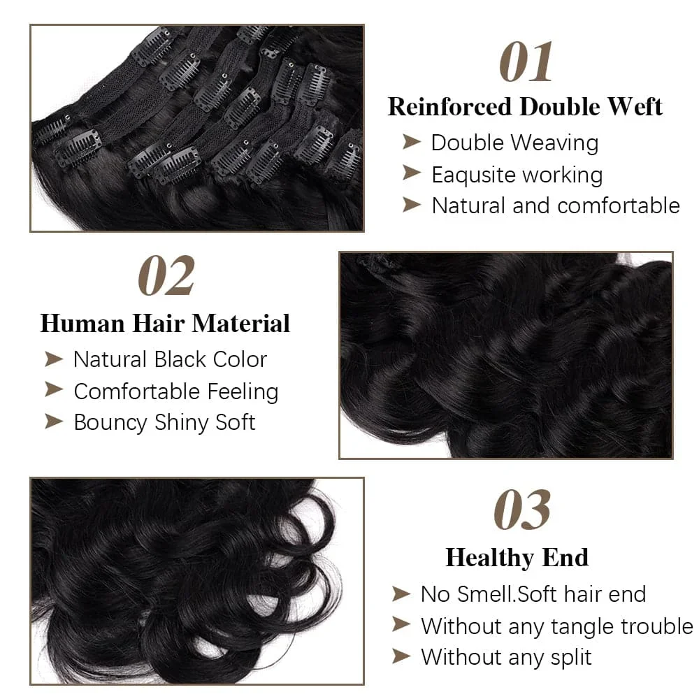 Brazilian Body Wave Clip-Ins Human Hair Extensions 8 Pcs Set Natural Color Remy 1B_voghion.com