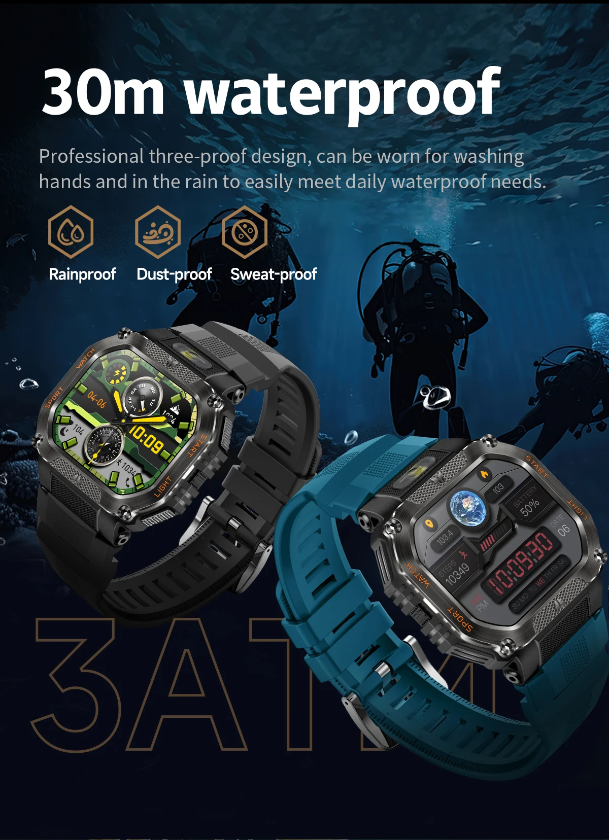 product laudtec men outdoor smart watch led flashlight bt calling voice assistant large screen sports smartwatch wearable device sb004-5