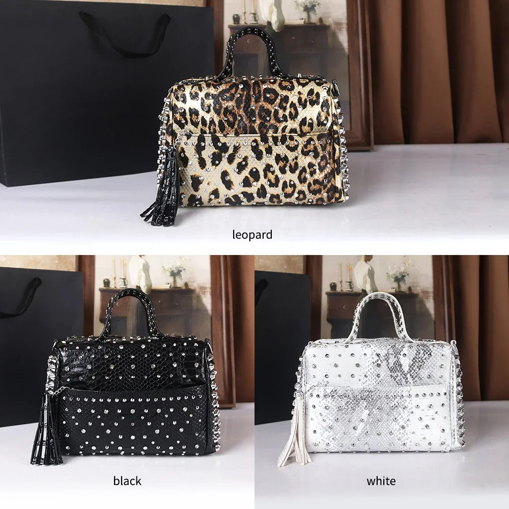 Leopard Punk Rhinestone Handbag - Large Capacity