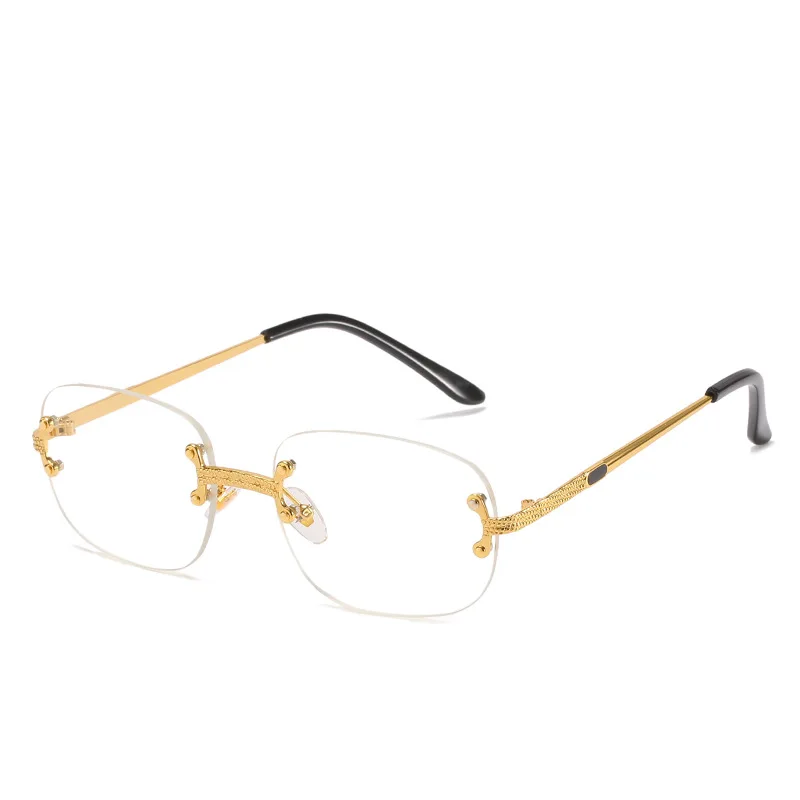UNOC Luxury Rimless Hexagon Sunglasses 2021 Gold and Blue New Retro Metal Sun Glasses with Small Frame for Men and Women