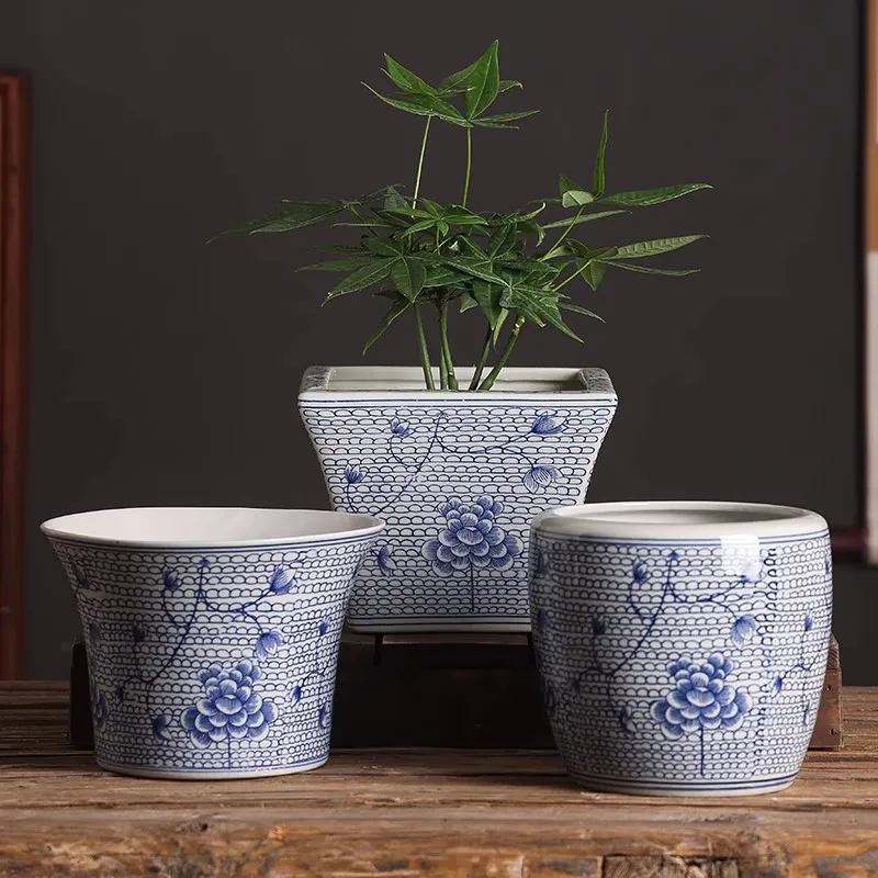 Blue and White Glazed Ceramic Flower Pot Set Tang Grass Patterned Square  Pot for Orchids Potted Plants Pottery Material