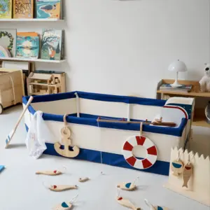 Wooden Kids Fishing Boat Toy Multifunctional Ocean Adventure Playhouse with Rowing Yacht Game and Parent Child Interactive Toy