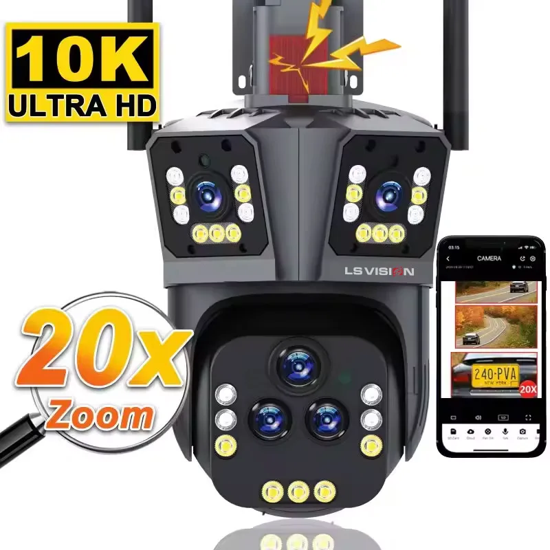 LS VISION 10K 20MP Five Lens 20X Zoom WiFi IP Camera Three Screen Auto Tracking PTZ Cam 360 Outdoor Surveillance Security Camera