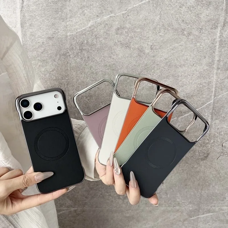 product laudtec luxury frameless magnetic leather cover for iphone 17 pro max 16 plus electroplating frame shockproof mobile phone case-5