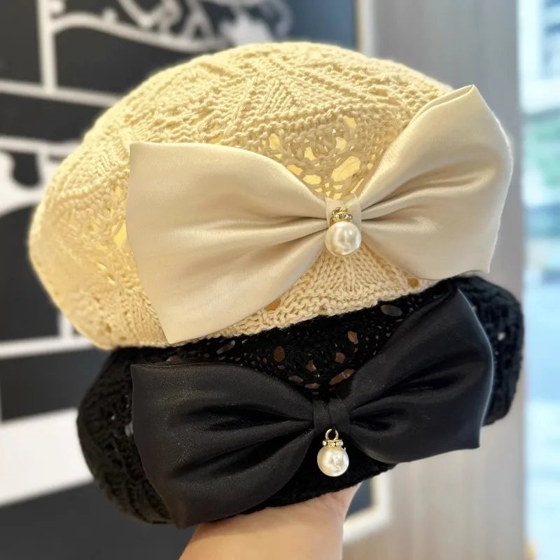 Women Trendy Bow Pearl Woven Beret Hat Summer Hollow Out Hat  display picture 3