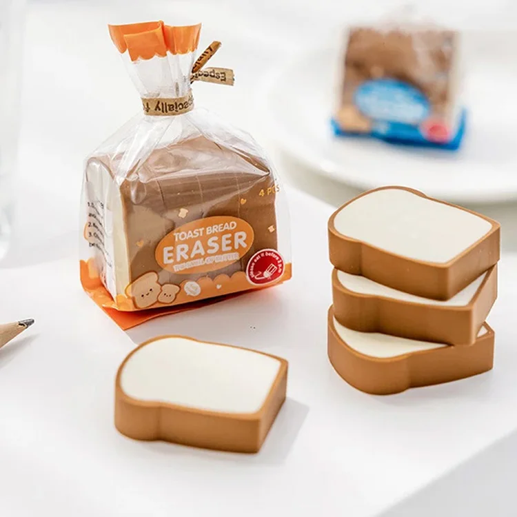 Необычный дизайн творческие канцелярские принадлежности из термопластичной резины маленькие тосты хлеб кавайные ластики милые 3D в форме еды набор ластиков для детей