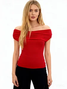 Hot Selling Knitted Fashionable Woman Tops Off Shoulder Alluring Boat Neck Elegant Women's Blouses&Shirt