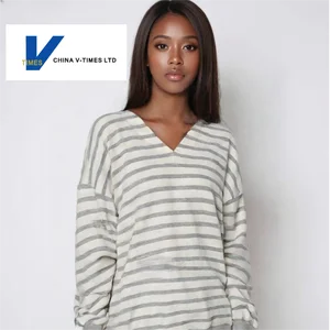 China V-Times Trendy Cotton V-Neck Striped Pullover for Women Spring Autumn Winter Casual Hooded Sweatshirt Thin Printed
