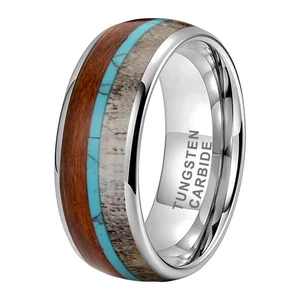 Coolstyle Jewelry 8mm Turquoise Deer Antler Koa Wood Inlay Polished Tungsten Carbide Ring for Men Women Wedding Band Comfort Fit