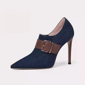 Lilywei Denim Upper Heels Stiletto Pointed Toe Adjustable Buckle for Office Wear Wholesale Casual Footwear Use