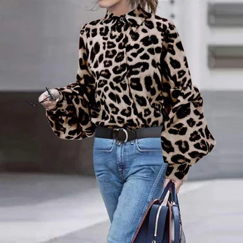 Women Summer Blouses Shirts Shirt Leopard Print Girls Long Sleeve Tops