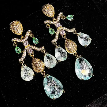Luxury Crystal Tassel Chandelier Earrings 925 Silver Pin Wedding Ladys Party Teardrop Emerald High Quality Fine Indian Jewellery