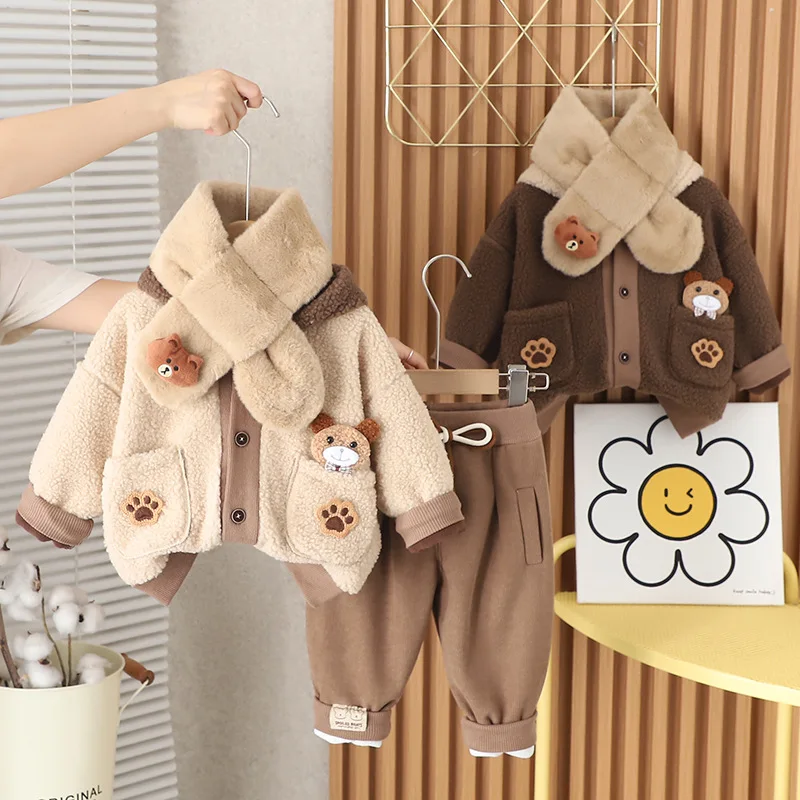 2025 Winter New Boys Fleece Scarf Hooded Long Sleeve Set Baby Warm Pants Two-Piece Clothing for Newborns