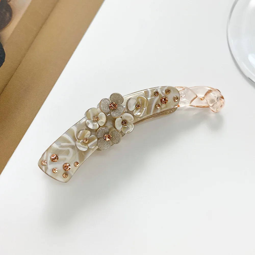 Korea Large Banana Clip Flower Vertical Clip Plastic Twist Clip Three Petal Flower Rhinestone Hairpins