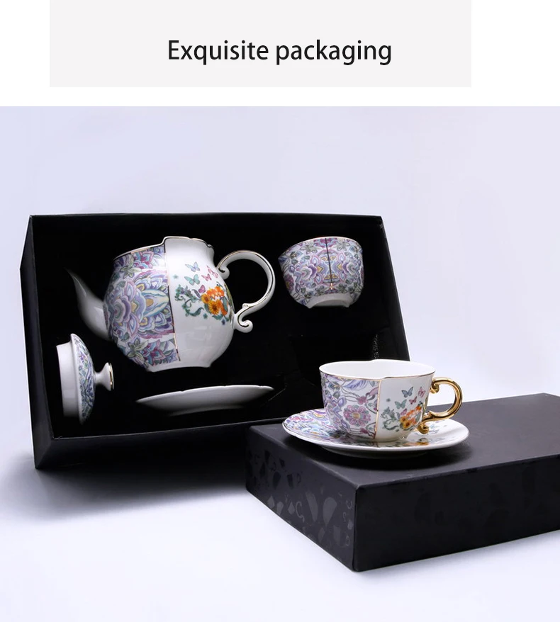 ensemble de thé en céramique ensemble de café avec design rétro 1 pot et 2 tasses avec bordure dorée boîte cadeau de forme irrégulière polyfoam