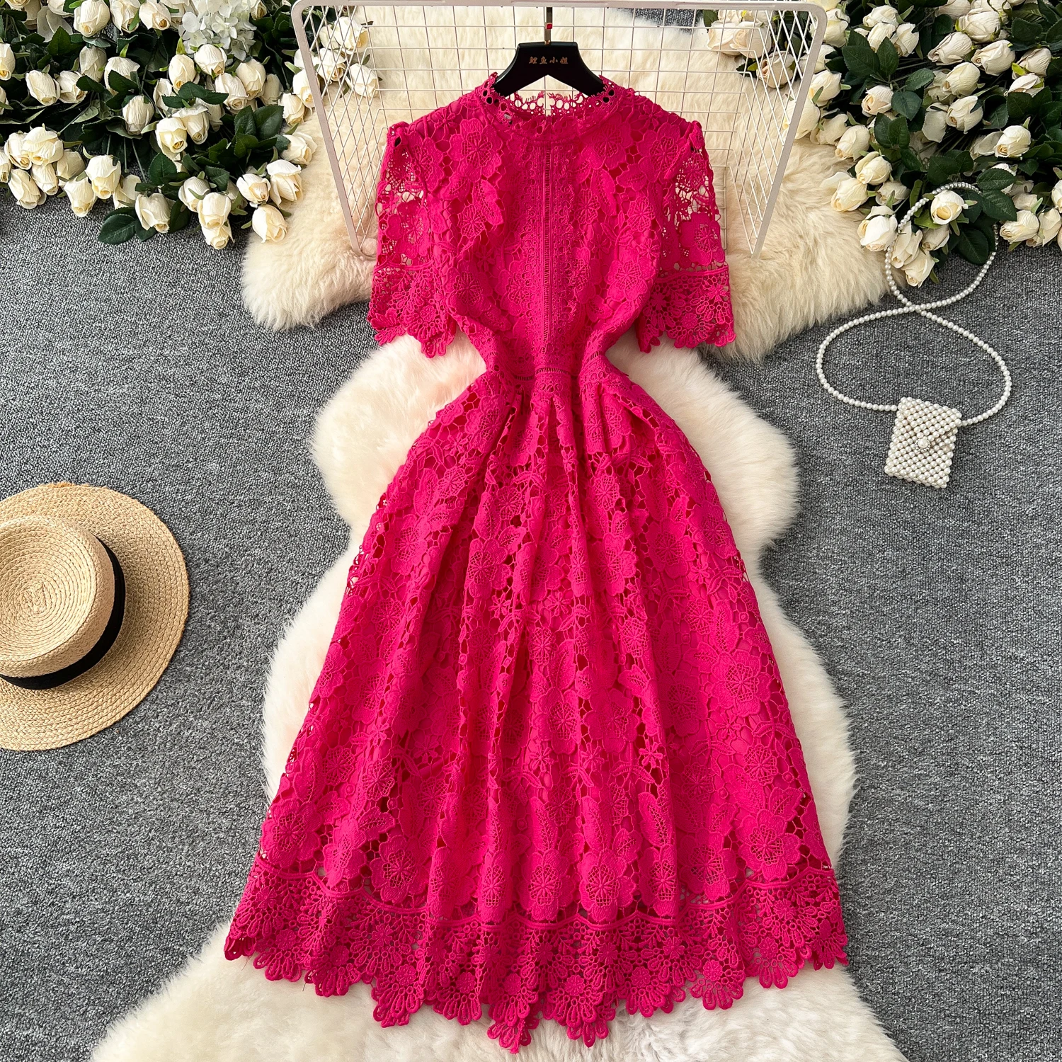 Summer Vintage Tunic Slim Casual Midi Dress for Women Short Sleeve Empire Hollow Out Lace Vestidos Black Summer Vintage Tunic Slim Casual Midi Dress for Women Short Sleeve Empire Hollow Out Lace Vestidos Black
