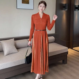 New Gold-embossed Women's Plus-size Dress with Fashionable Button Belt Miyake Pleated Dress