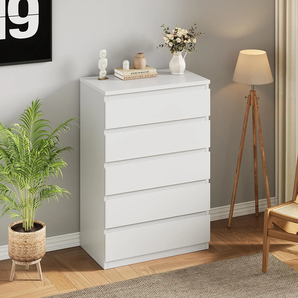 product nu deco white 5 drawer modern wood panel dresser with deep drawers for bedroom living room hallway  entryway storage-4