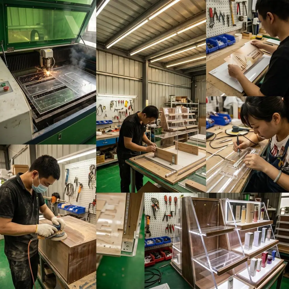 Production line steps for custom cosmetic display stands involving laser cutting, polishing, and LED soldering