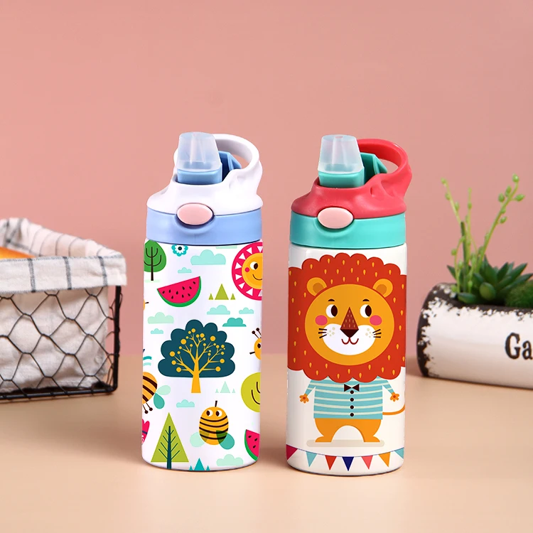 Everich 14oz OEM Carton Pattern Insulated Stainless Steel Vacuum Flask Water Bottles With Straw Lid for Kids