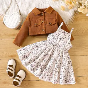 Spring Girls Korean Style 2pcs Set Polyester/Cotton Floral Print Corduroy Short Jacket & Dresses Lower Price Suspender