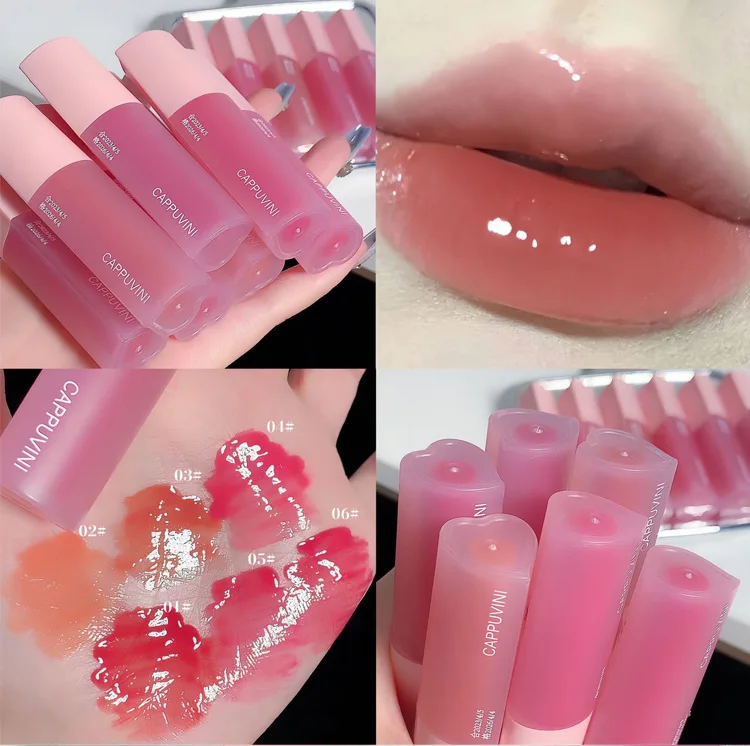 High Quality Pink Love Heart Design Lip Glaze Mirror Water Light Glass Transparent Lip Gloss Moisturizing Female Cute Lipstick