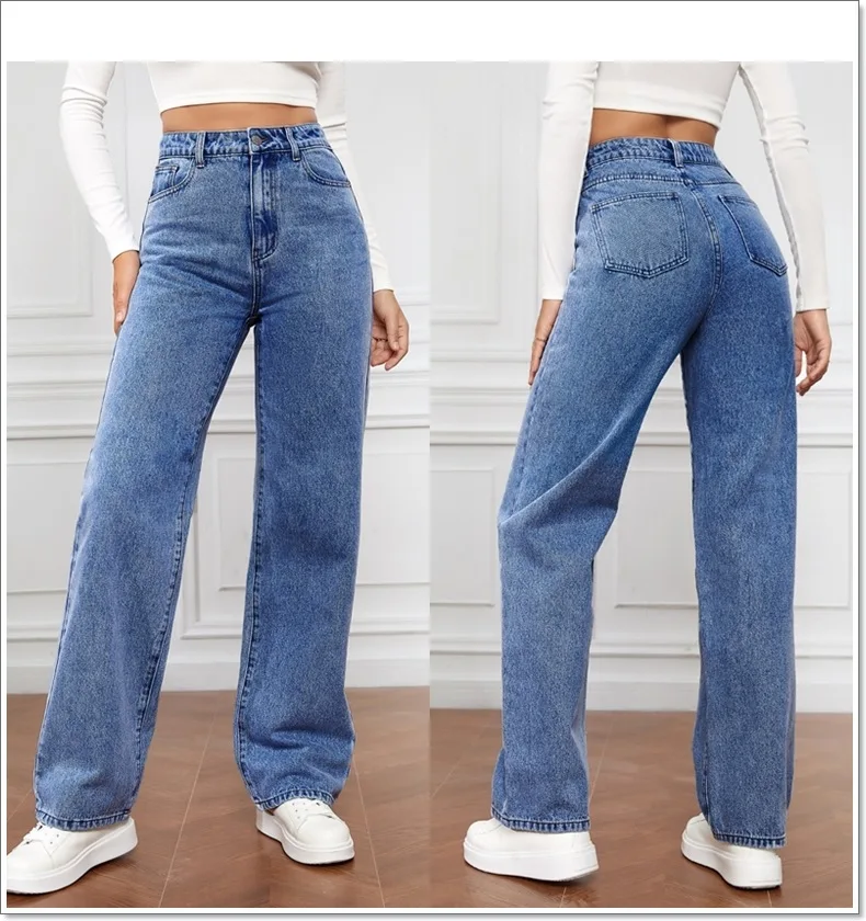 2023 Women Jeans Straight Leg High Waist Blue Washed Cowboy Denim Pants ...