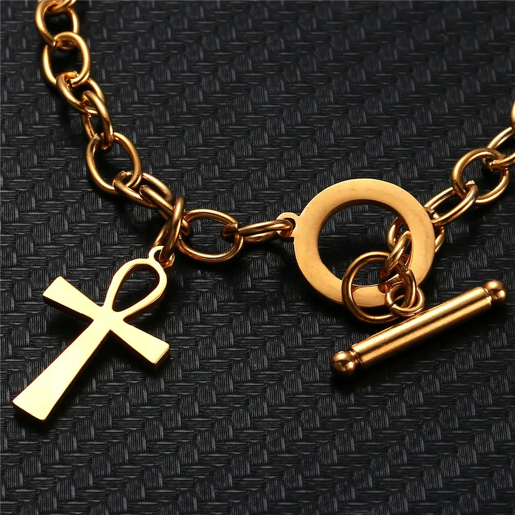 Stainless Steel Chain OT Clasp Toggle Bracelet Purse Dollar Symbol Ankh Charm Bracelet for Women Men Cross Jewelry