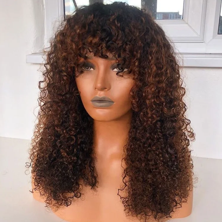 Cuticle Aligned 1B/30 Brown Kinky Curly Peruvian Human Hair Lace Frontal Wigs With Bang - Image 4