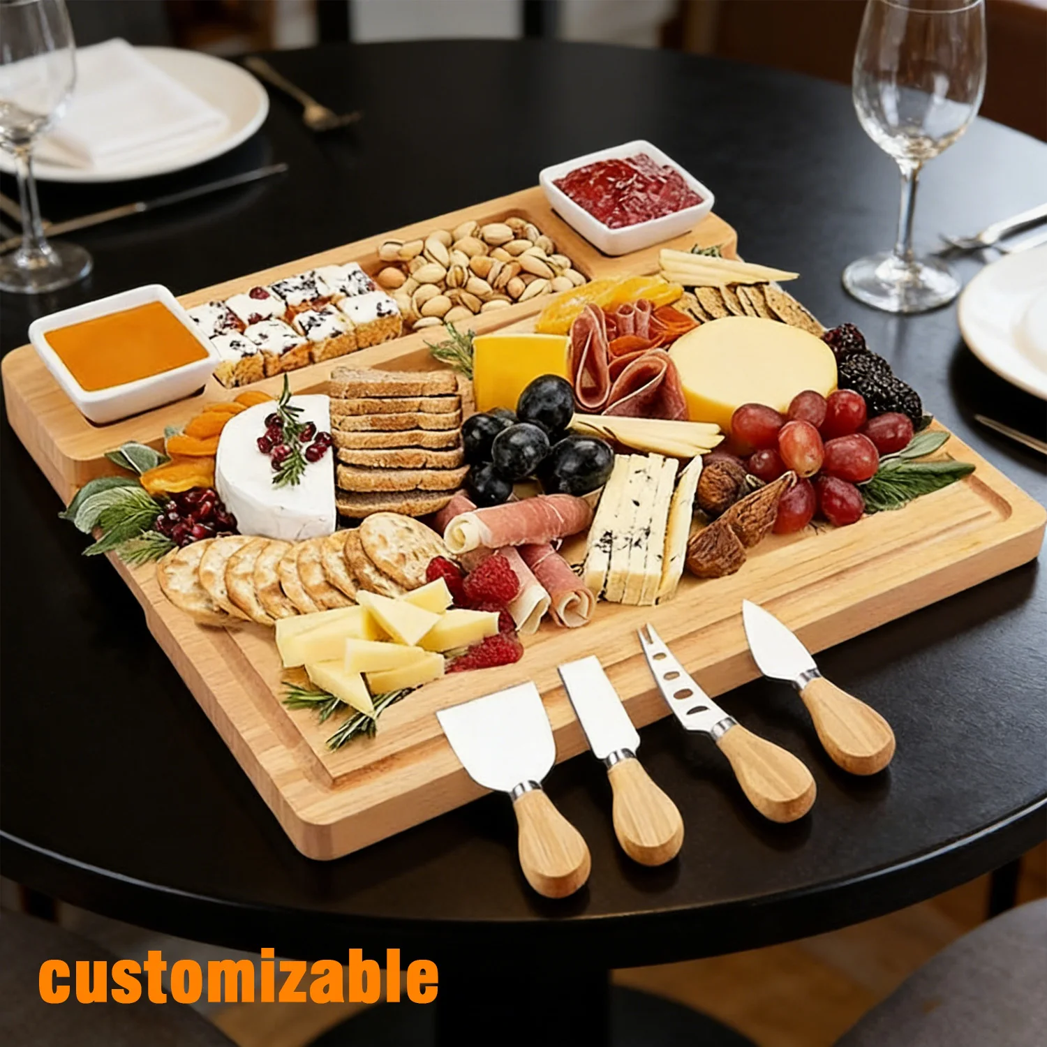 Custom Bamboo Cheese Board Set with Cutlery Durable Charcuterie Platter Serving Tray for Home/Party/Kitchen Wholesale